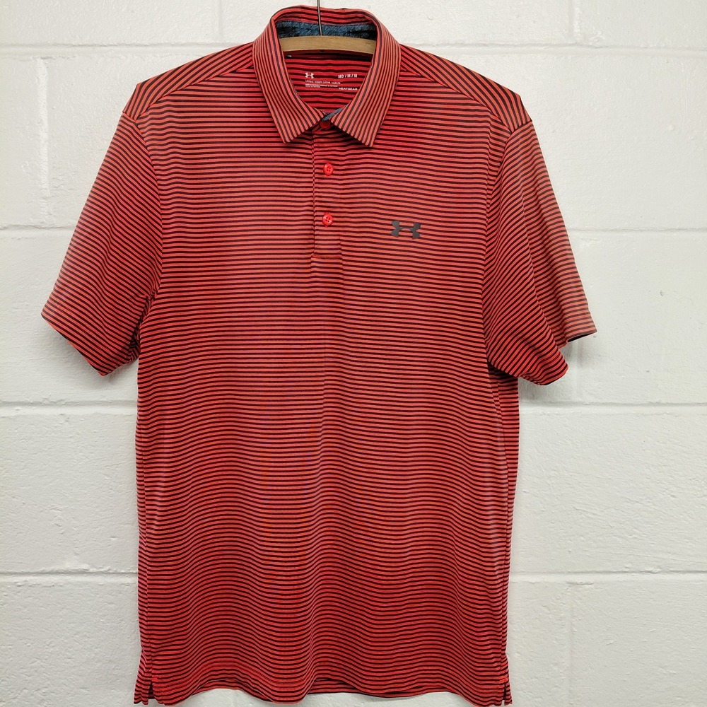 Under Armour Heat Gear Polo Shirt Mens MEDIUM Gray Ombre Orange Striped Golf